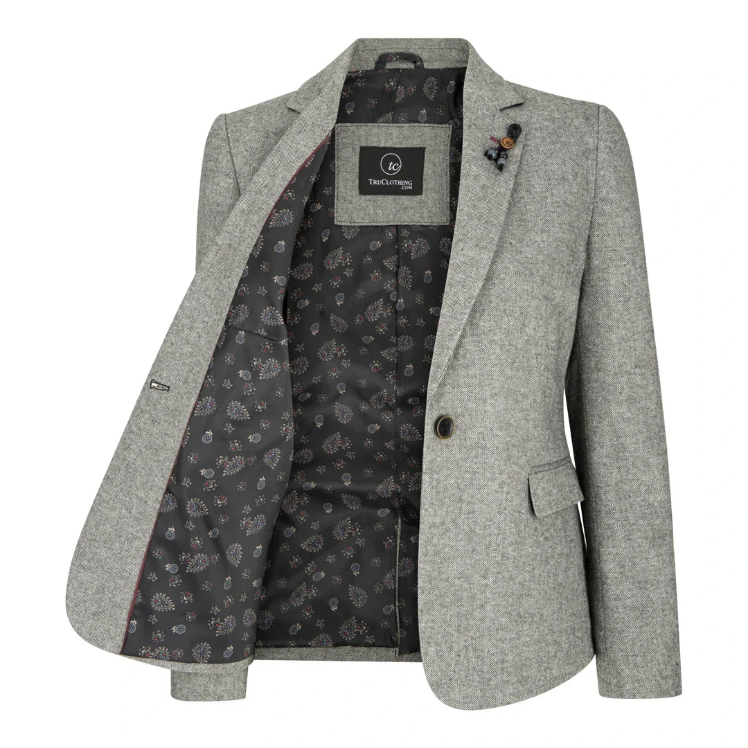 wsn03 - Moteriškas pilkas tvido švarkas su Elow Patch Peaky 1920s raštu